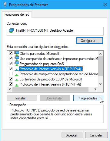 Propiedades de TCP/IP v4